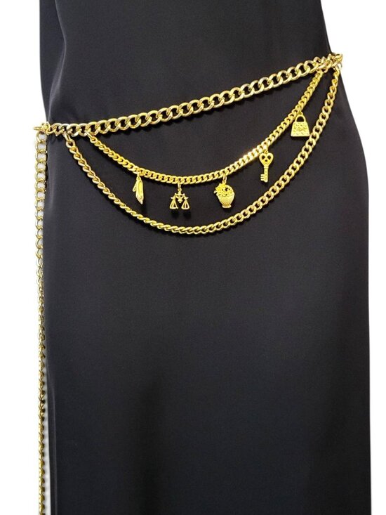 Vintage Layered Chain Link Charm Belt Gold Tone Maximalist Boho